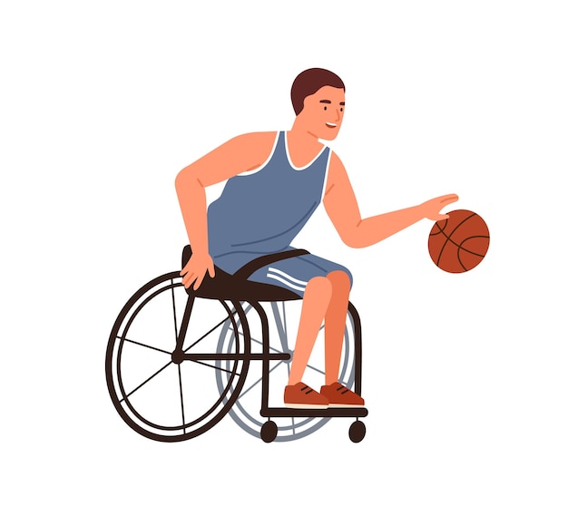 Atleta jogando basquete sentado na ilustração plana do vetor de cadeira de rodas. macho com deficiência com pernas paralisadas durante o jogo ou treinamento com bola isolada. pessoa com deficiência praticando esportes.