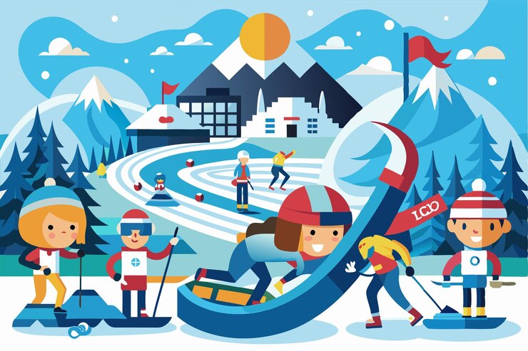 Vetor atletas alegres se envolvem em vários esportes de inverno mostrando trabalho em equipe e competição em um ambiente colorido olimpíadas de inverno ilustração de desenho animado personalizável