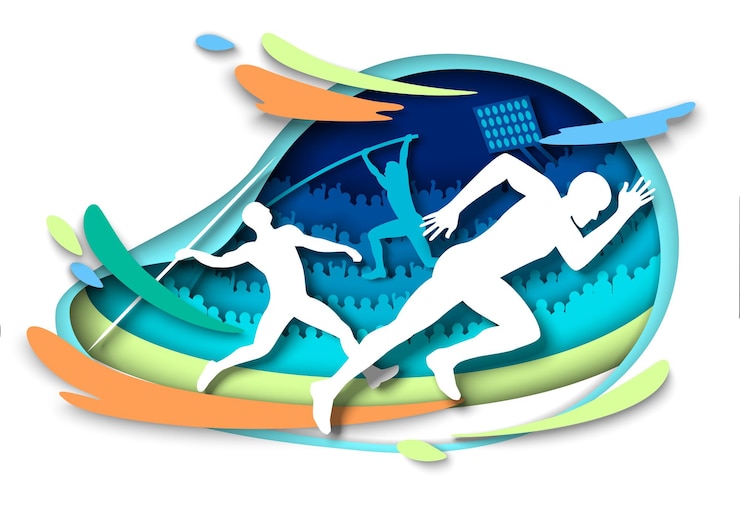 Vetor atletismo esportes eventos atleta silhuetas ilustração vetorial em papel arte estilo sprints salto com vara ...