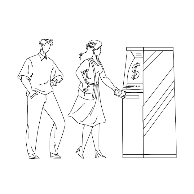 Atm banco máquina usando mulher para obter dinheiro linha preta lápis desenho vetorial. jovem e o homem usam equipamento eletrônico do atm para obter notas de dinheiro. ilustração do serviço financeiro de personagens