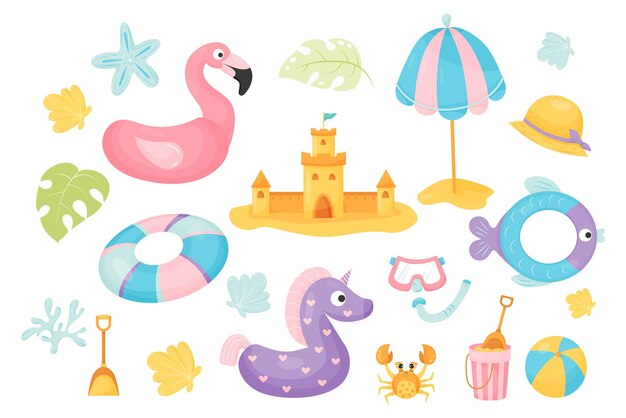 Atributos de férias no mar de verão da coleção em estilo de desenho animado plano