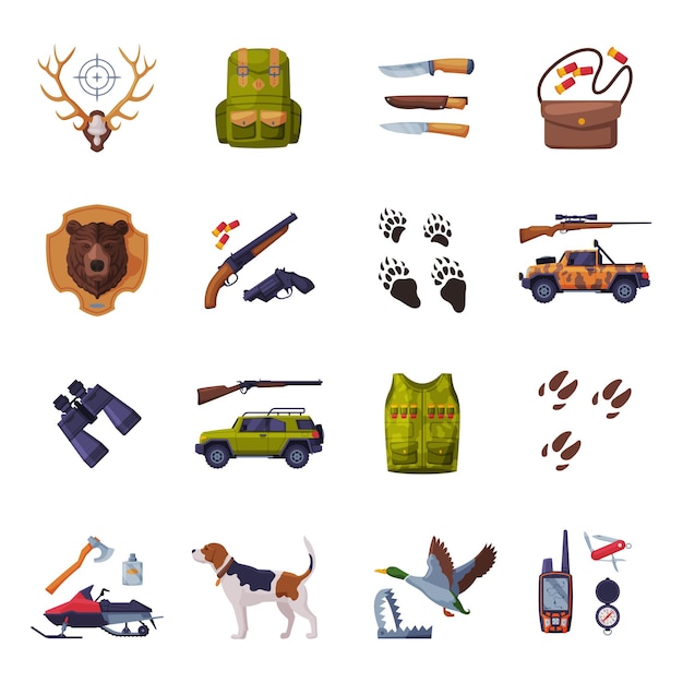 Atributos do caçador Set Temporada de caça Tackles e equipamento Grande coleção Ilustração vetorial plana