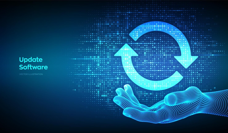 Vetor atualização de software atualização de versão de programa de computador conceito ícones de sincronização feitos com código binário em wireframe mão digital dados binários matriz fundo com dígitos 10 ilustração vetorial