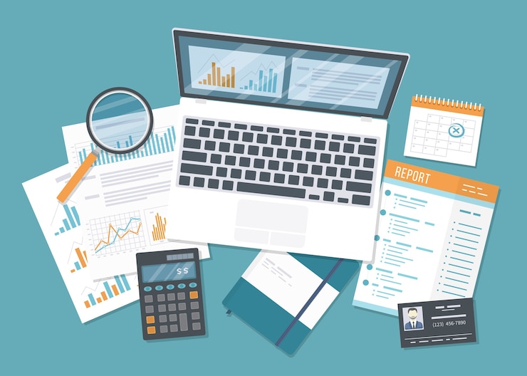 Vetor auditoria financeira, contabilidade, análise, análise de dados, relatório, pesquisa. documentos com tabelas, gráficos, relatório, lupa, calculadora. plano de negócios.