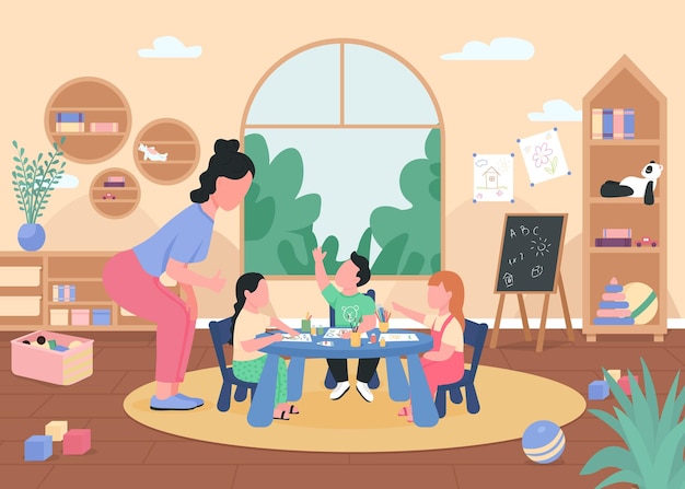 Aula de arte no jardim de infância de ilustração em cores planas