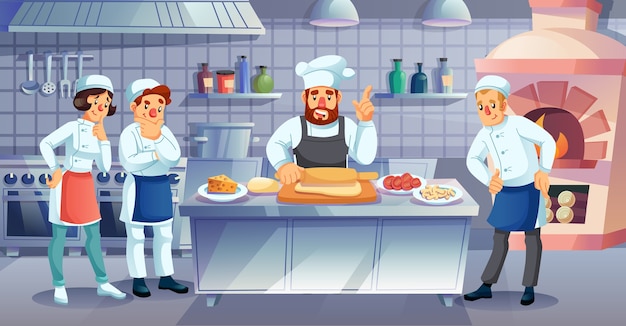 Aula de culinária em restaurante, aula de arte culinária, curso de treinamento. Chef de homem ensinando jovem estudante, aprendiz, mostrando amassar a massa de pão para pizza italiana. Culinária comercial, culinária