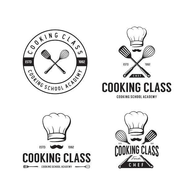 Aula de culinária vintage e emblemas de rótulos de alimentos modelo de design de logotipo