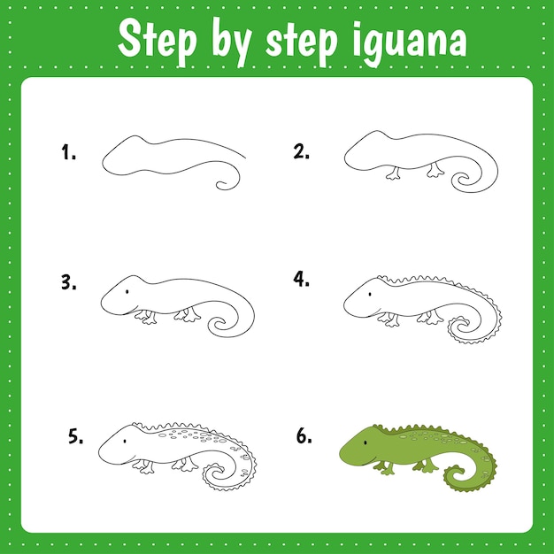 Aula de desenho para crianças. como desenhar iguana. tutorial de desenho para crianças. passo a passo repete a imagem. página de arte de atividade infantil para livro. ilustração vetorial.