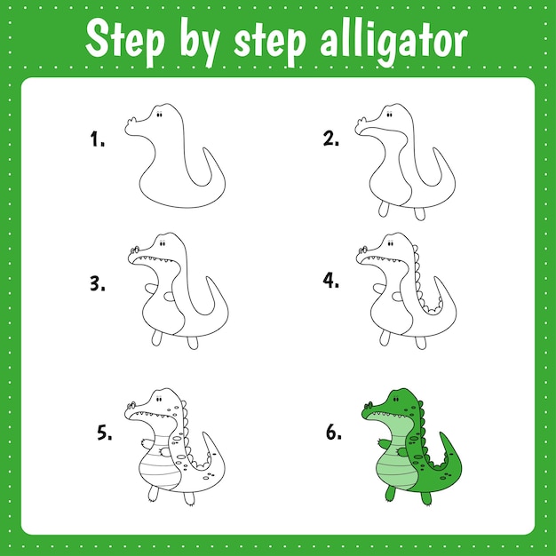 Aula de desenho para crianças. como desenhar jacaré. tutorial de desenho. passo a passo repete a imagem. página de arte de atividade infantil para livro. ilustração vetorial.