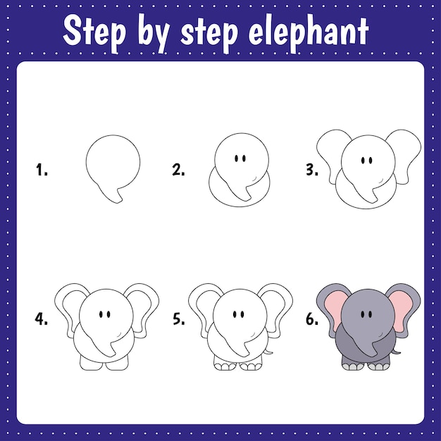 Vetor aula de desenho para crianças. como desenhar um elefante. tutorial de desenho para crianças. passo a passo repete a imagem. página de arte de atividade infantil para livro. ilustração vetorial.