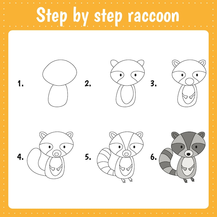 Vetor aula de desenho para crianças como desenhar um guaxinim tutorial de desenho passo a passo repete a imagem