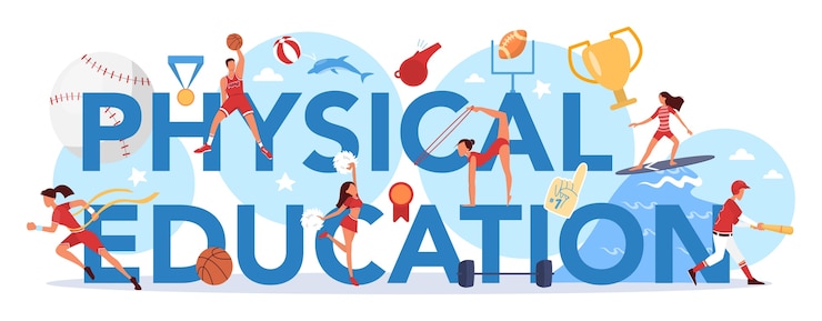 Vetor aula de educação física conceito de cabeçalho tipográfico de classe escolar alunos fazendo exercícios na academia com equipamentos esportivos