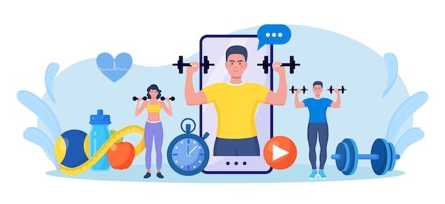 Aula de esporte online e curso de fitness na tela do telefone. Homem esportivo treinando em casa com equipamentos esportivos. Aulas de cardio, yoga e musculação. Treinador realiza treinamento de força usando o site