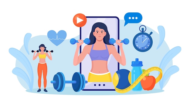 Vetor aula de esporte online e curso de fitness na tela do telefone. mulher esportiva treinando em casa com equipamentos esportivos. aulas de cardio, yoga e musculação. treinador realiza treinamento de força usando o site