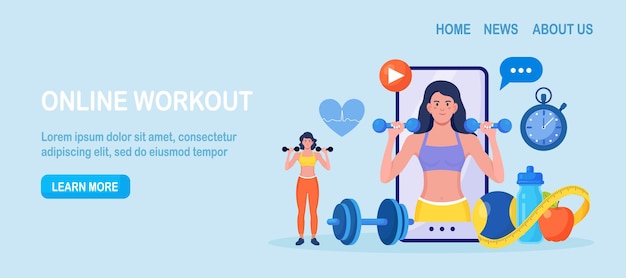 Aula de esporte online e curso de fitness na tela do telefone. Mulher esportiva treinando em casa com equipamentos esportivos. Aulas de cardio, yoga e musculação. Treinador realiza treinamento de força usando o site