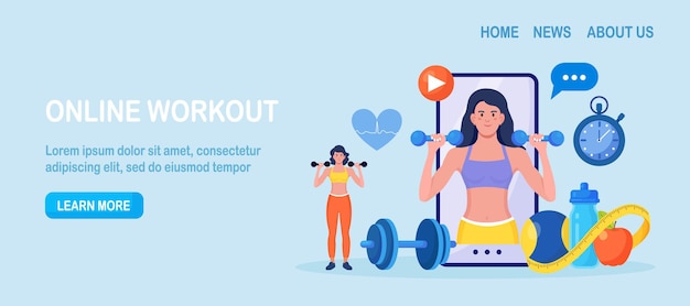 Vetor aula de esporte online e curso de fitness na tela do telefone. mulher esportiva treinando em casa com equipamentos esportivos. aulas de cardio, yoga e musculação. treinador realiza treinamento de força usando o site