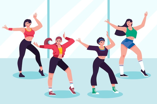 Aula de fitness de dança desenhada à mão plana