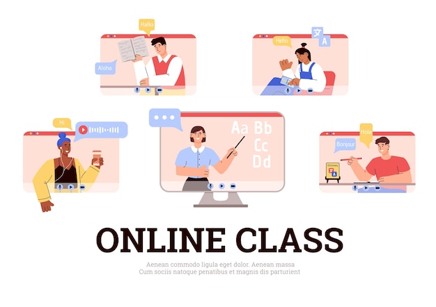 Aula de idiomas on-line com alunos e tutor ilustração vetorial plana isolada