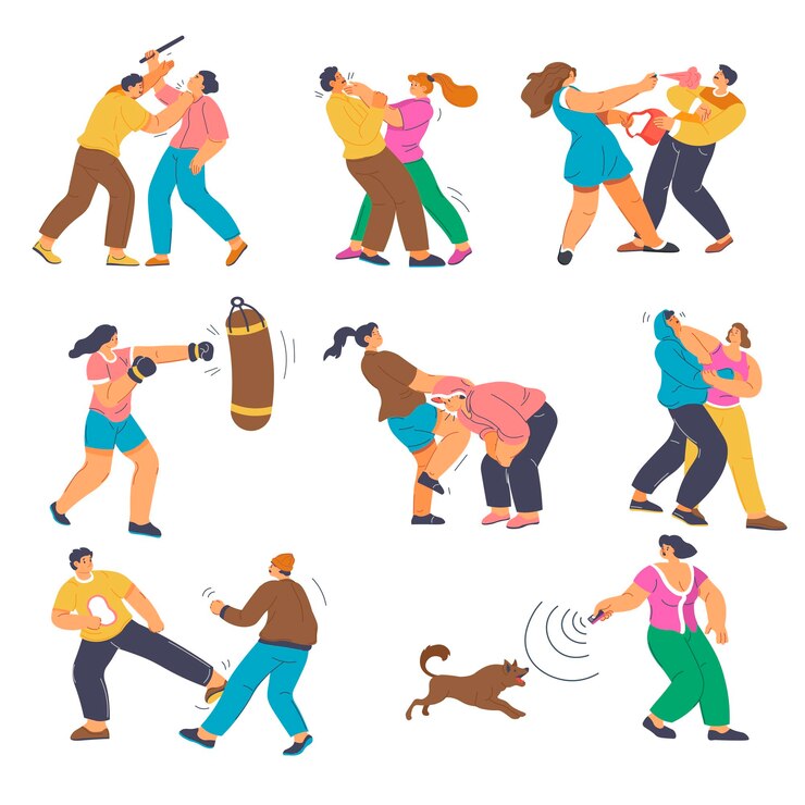 Vetor aulas de autodefesa e estratégias táticas para se proteger de pessoas e situações más mulher isolada lutando contra o homem ou praticando boxe no ring vector em ilustração de estilo plano
