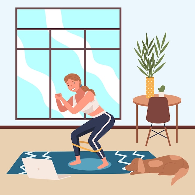 Aulas de desporto online mulher e portátil