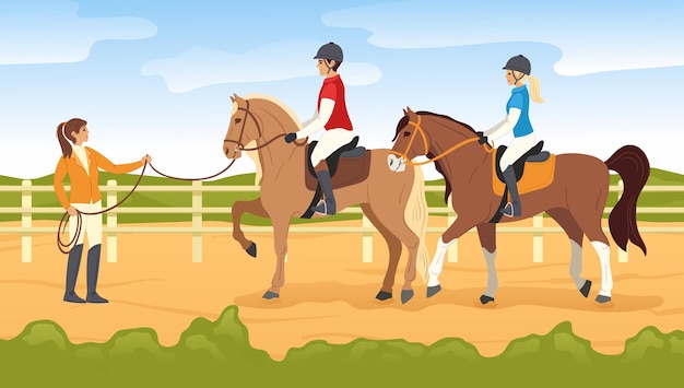 Aulas de equitação Treinamento de jóquei de esporte equestre e passeio a cavalo em casal com instrutor de equitação Ilustração vetorial de desenho animado da escola de equitação