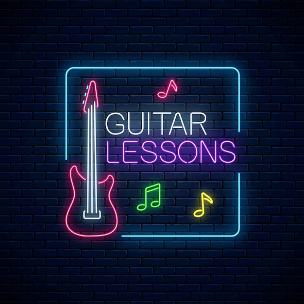 Aulas de guitarra de néon brilhante pôster ou modelo de banner. folheto de propaganda de treinamento de guitarra em estilo neon