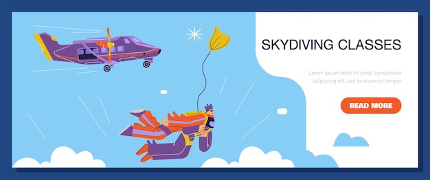 Aulas de paraquedismo anunciando ilustração vetorial plana de banner da web
