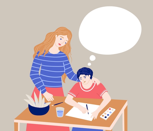 Aulas para crianças O menino desenha sob a orientação de sua professora-mãe, aulas de aprendizagem em casa