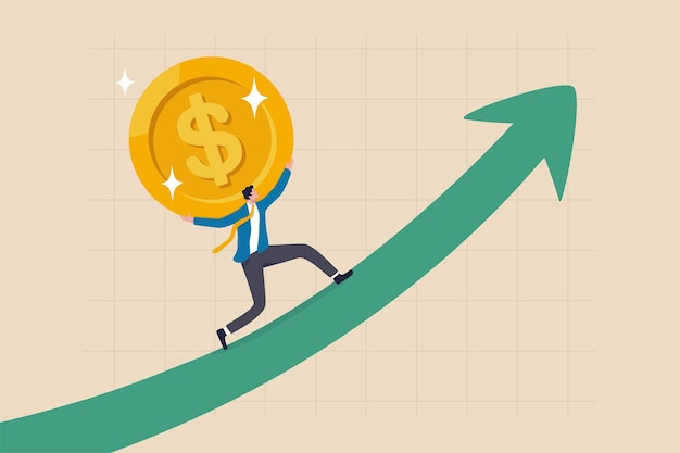 Aumento das vendas, crescimento do investimento ou ganhos e aumento do lucro, crescimento do salário ou da receita, conceito de prosperidade financeira, forte empresário investidor carrega moeda de ouro subindo gráfico.