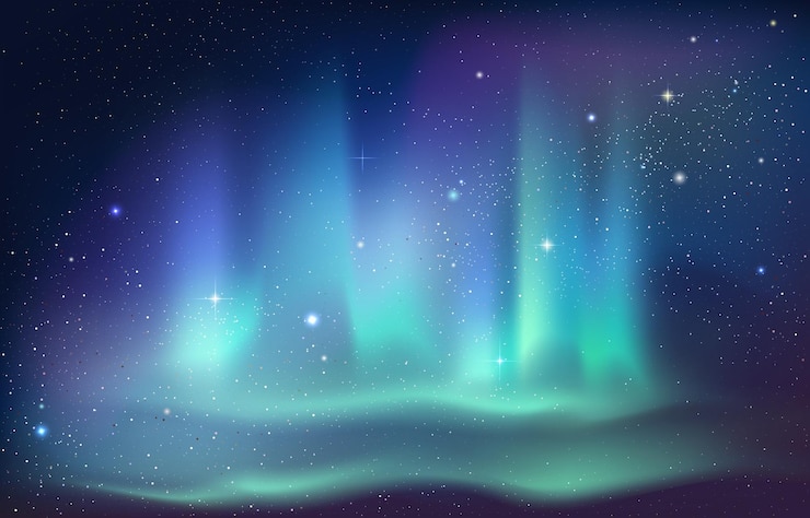 Vetor aurora borealis fundo ártico e antártico céu noturno polar com estrelas e luz do norte brilhante vibrante efeito mágico gradiente verde azul e roxo na ilustração de noite de inverno vetor preto