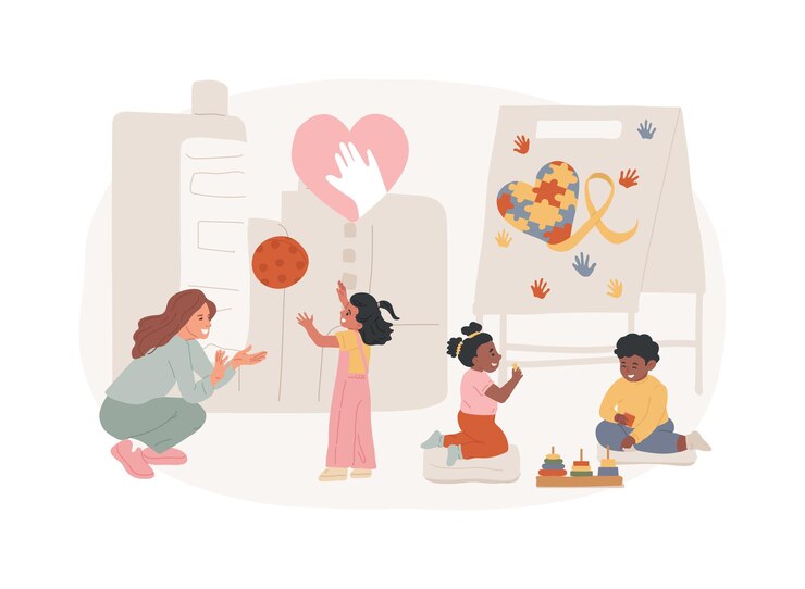 Vetor autismo centro isolado conceito vetor ilustração aprendizagem centro de deficiência tratamento de transtorno do espectro do autismo crianças com necessidades especiais ajudar crianças desenvolvimento problema vetor conceito