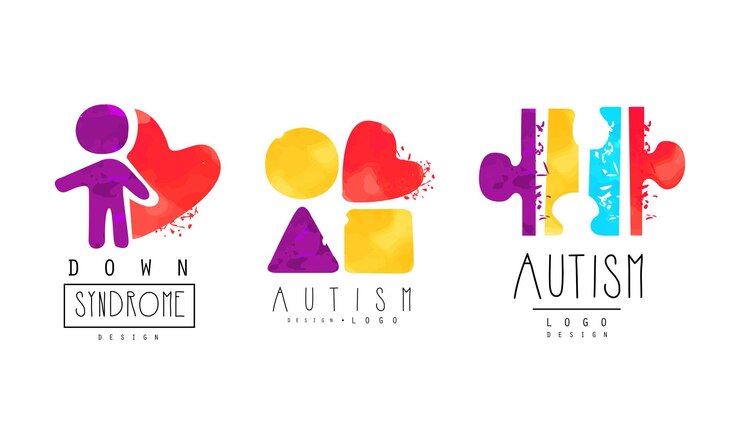 Vetor autismo e síndrome de down bright logo design templates set awareness concept kids center organização de caridade emblema colorido ilustração vetorial