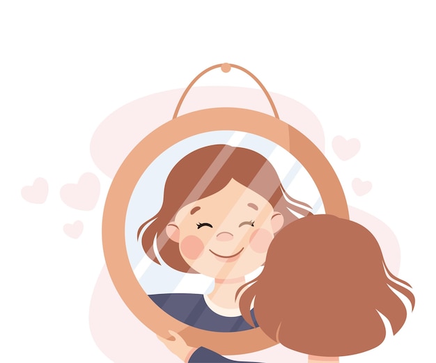 Auto-amor com uma menina olhando no espelho admirando-se amando sua aparência Ilustração vetorial