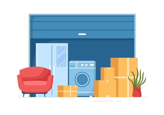 Auto armazenamento de caixas de papelão cheias de itens não utilizados em armazém ou garagem em ilustração