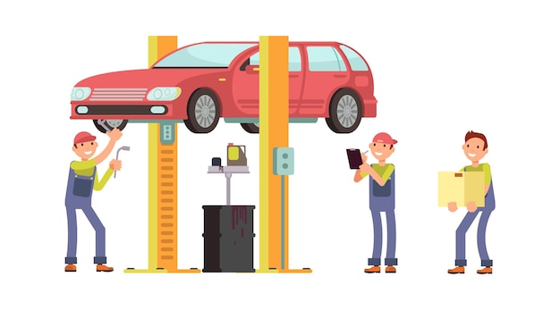 Auto serviço Caracteres mecânicos de reparação de automóveis e auto Troca de óleo no veículo e encontrando o conceito de vetor de avaria