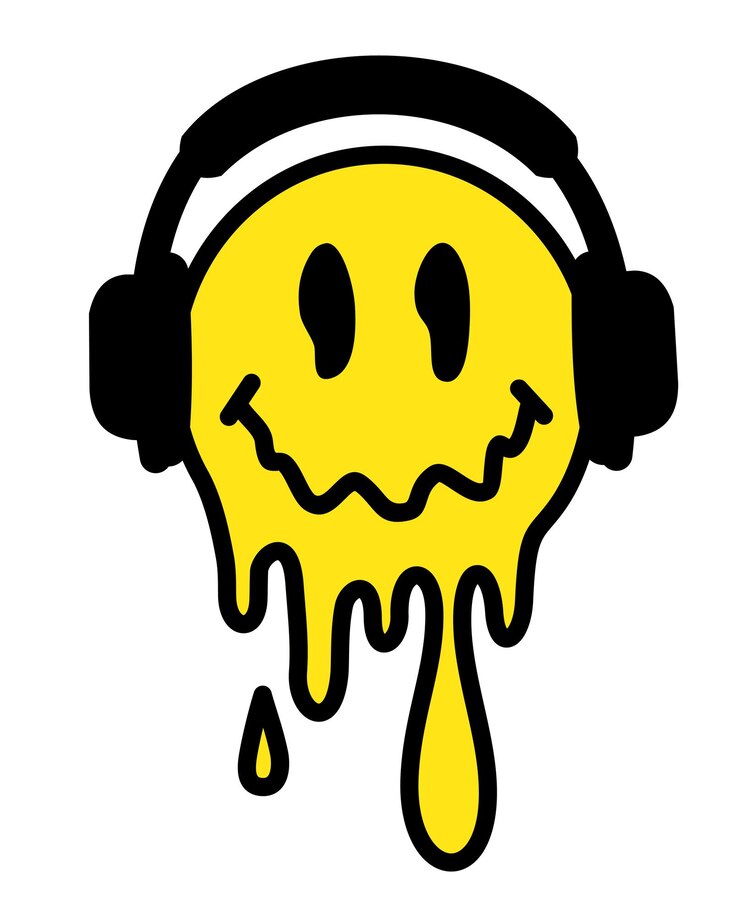 Vetor autocolante psicadélico trippy rosto sorridente de derretimento psicodélico surreal techno ácido lsd derrete emoji