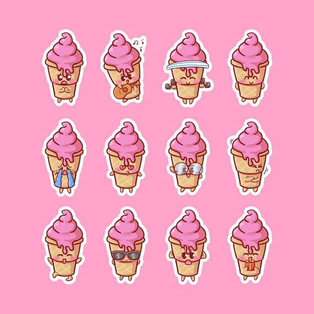 Autocolantes de personagens fofinhos em forma de cone de sorvete kawaii ilustração vários mascote de atividades de expressão feliz