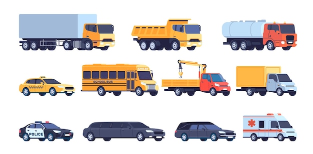 Automóveis e camiões Transportes públicos Máquinas industriais com guindaste ou cisterna Limousine e ambulância Automóvel de polícia Camião com carrinha Tráfego de veículos Conjunto vetorial de transporte de automóveis