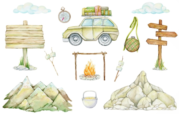 Automóvel, marshmallows, montanhas, ponteiros de madeira, nuvens, fogueira, bússola