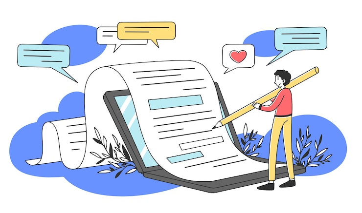 Vetor autor de conteúdo escrevendo ilustração de artigo criativo