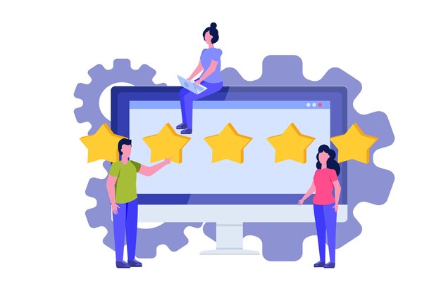 Vetor avaliação do cliente, conceito de estilo simples do consumidor de feedback. as pessoas estão segurando estrelas.