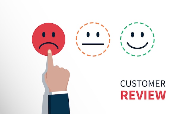 Vetor avaliação negativa ou conceito de feedback, mão do cliente escolheu o ícone de rosto triste, avaliação de atendimento ao cliente