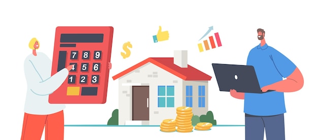 Avaliação profissional em casa com minúsculos agentes segurando uma calculadora enorme e um laptop no prédio imobiliário. Valor, avaliação. Avaliação da casa de personagens de avaliadores. . Ilustração em vetor desenho animado