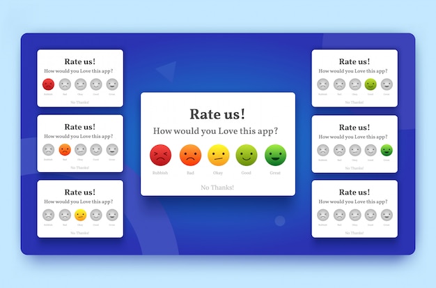 Avalie-nos pop-up de feedback definido com emoji ruim, ok, bom e ótimo