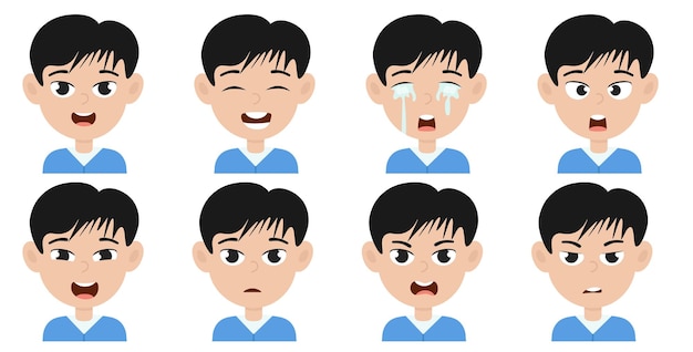 Avatar bonitinho de menino asiático com ilustração plana de expressão facial diferente