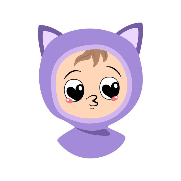 Avatar de criança com olhos de coração grande e lábios de beijo em criança bonita de chapéu de gato com rosto amoroso em o ...