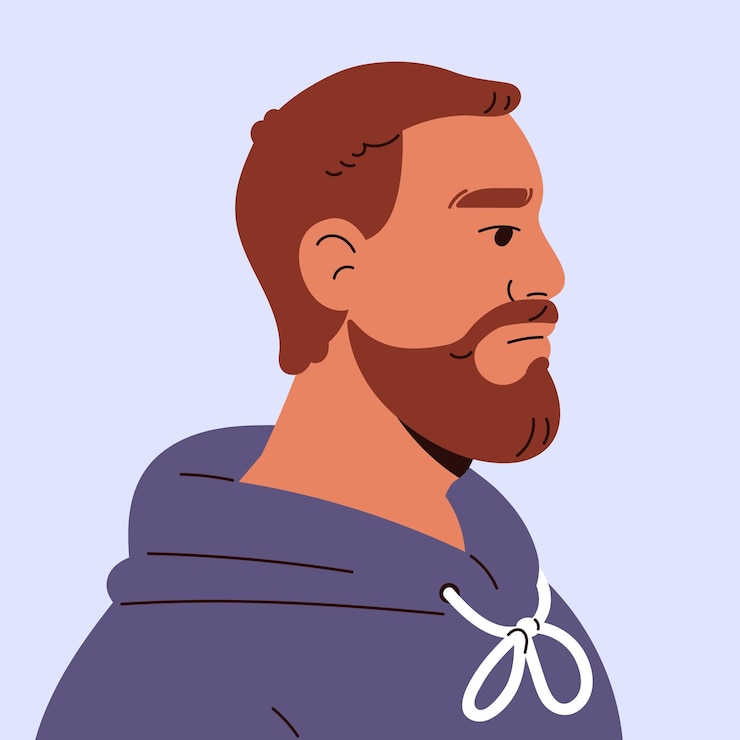 Vetor avatar de homem adulto com capuz com barba espessa vista lateral pessoa moderna com bigode no rosto retrato com forma quadrada perfil masculino com bigode penteado casual ilustração vetorial isolada plana