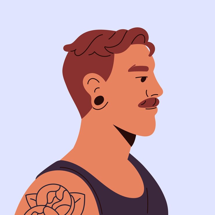 Vetor avatar de homem adulto feliz com tatuagem e piercing retrato masculino de forma quadrada para perfil de usuário pessoa com rosto sorridente vista lateral ilustração vetorial isolada plana