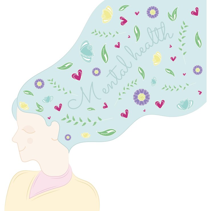Vetor avatar de linda garota com flores de cabelo comprido e vetor de saúde mental em forma de coração