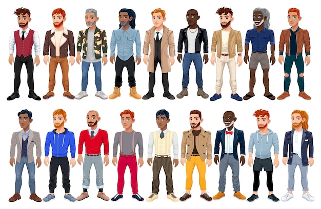 Avatar de moda masculina variada. personagens de desenhos animados de vetor com roupas, sapatos e penteados diferentes. eles são todos intercambiáveis.